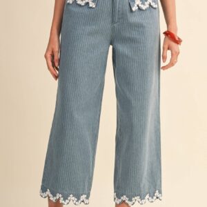 Pinstripe Cropped Wide Leg Pants with Lace Trim