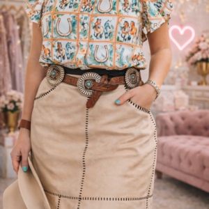 Beige Vintage Stretch Suede Contrast Western Skirt