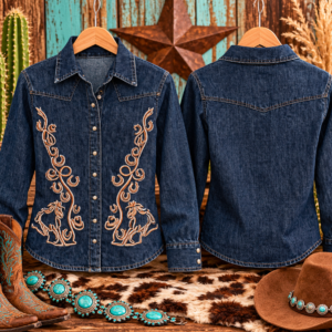 Embroidered Western Dark Denim Snap Shirt