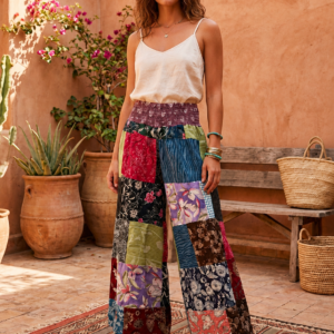 Cotton Print Patchwork Flare Pants